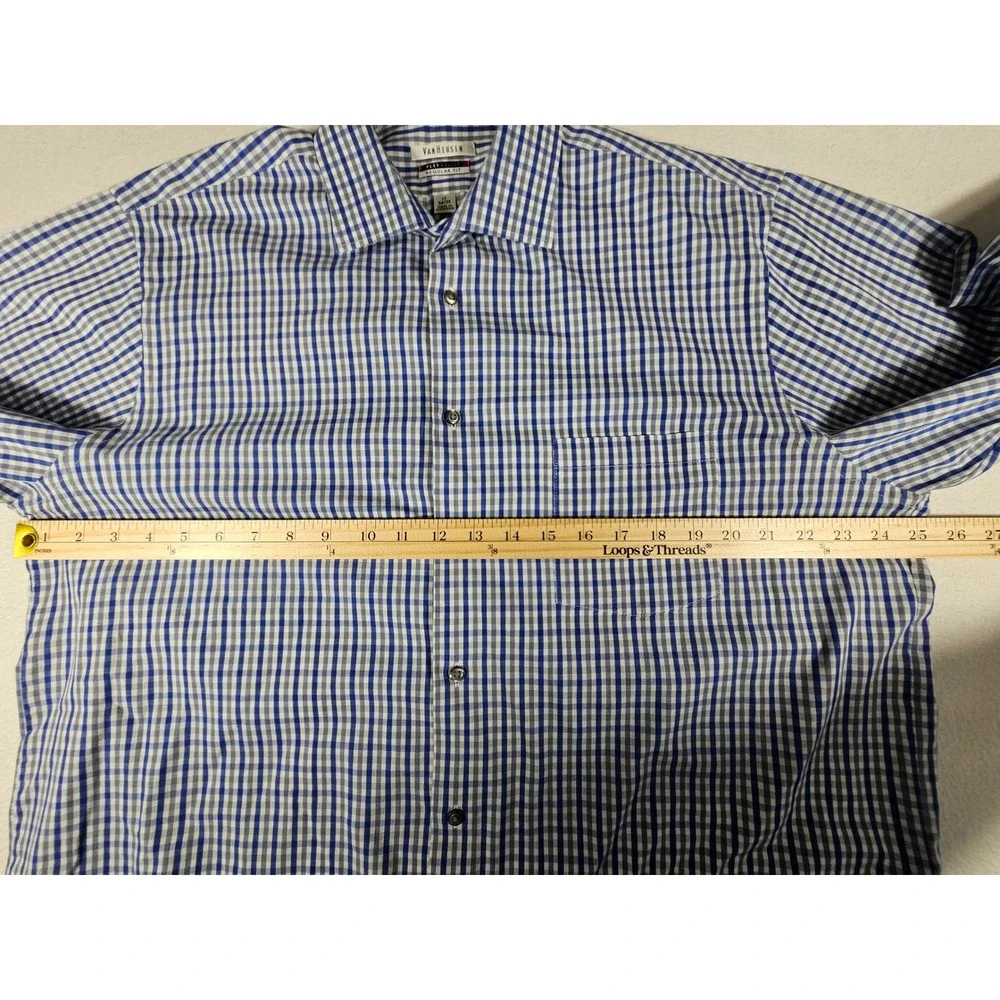 Van Heusen Mens Flex Collar‎ Regular Fit Gingham Dress Shirt Blue Grey 17 34/35
